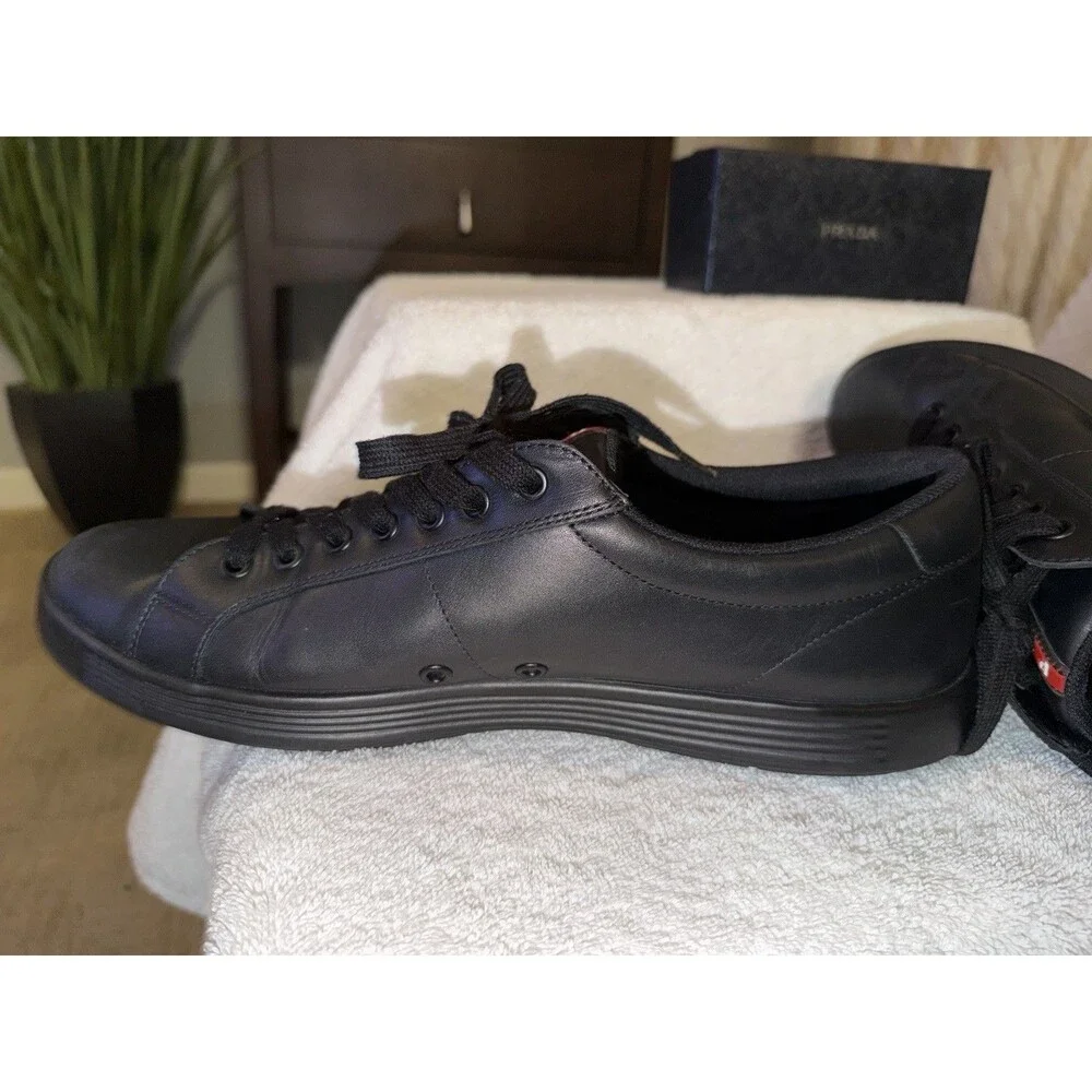 PRADA Men's Leather Lace-Up Sneaker Black/Red Stripe EU 42 US 9 4E3256